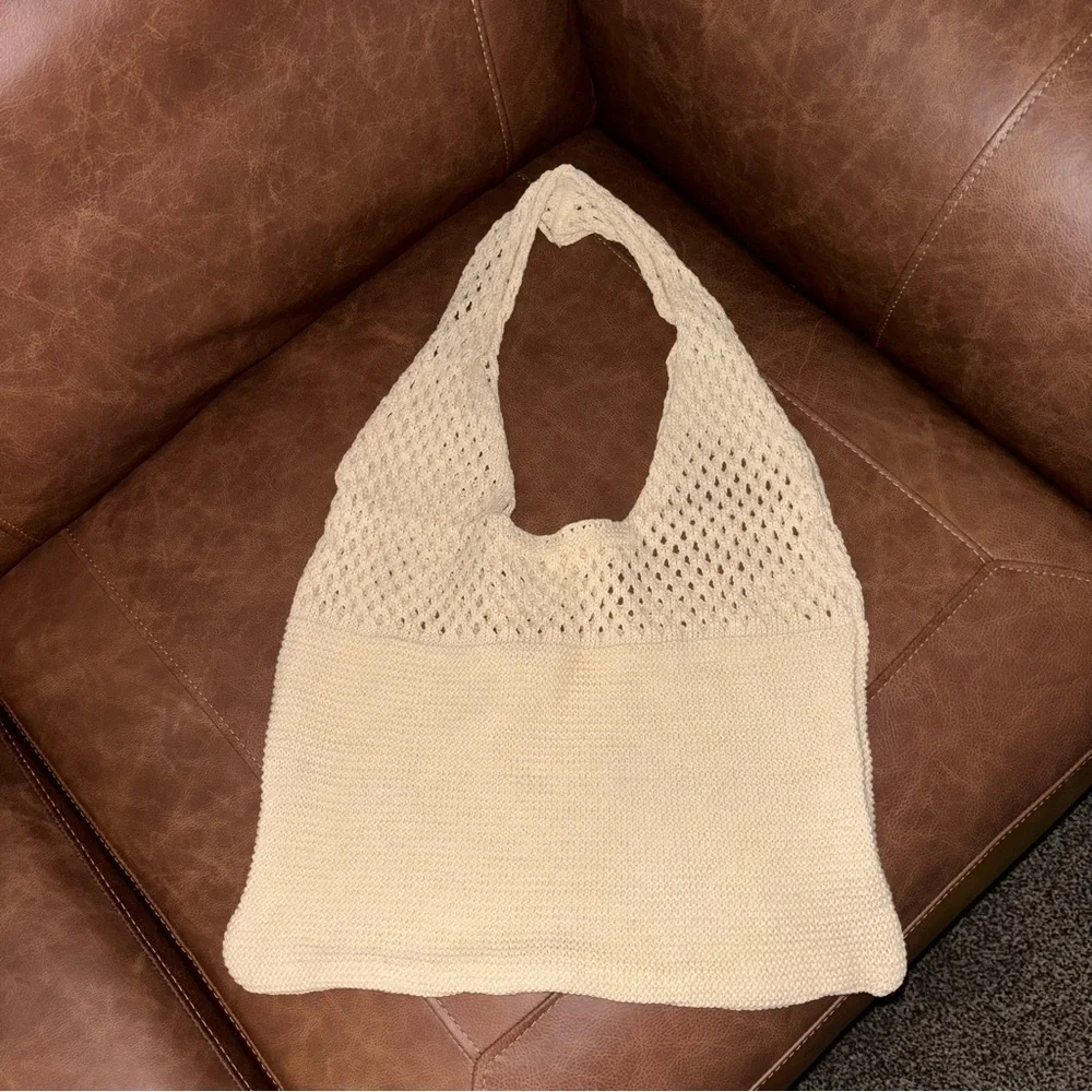 Boho Crocheted Knit Tote Bag in Beige - Casual Women's Shoulder Purse
